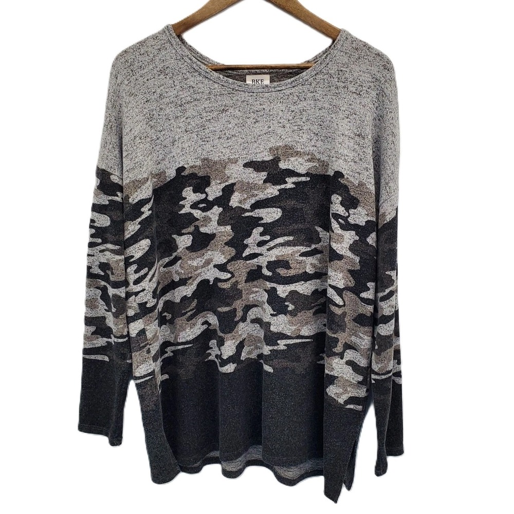 BKE Womens L Gray Black Camouflage Knit Long Sleeve Top Streetwear Grunge Layer‎
